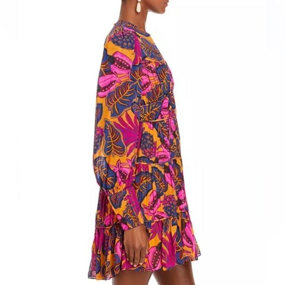 FARM RIO Pink Yellow Fruit Dream Long Sleeve Ruffle Pleated Mini Small $265 - Picture 12 of 14